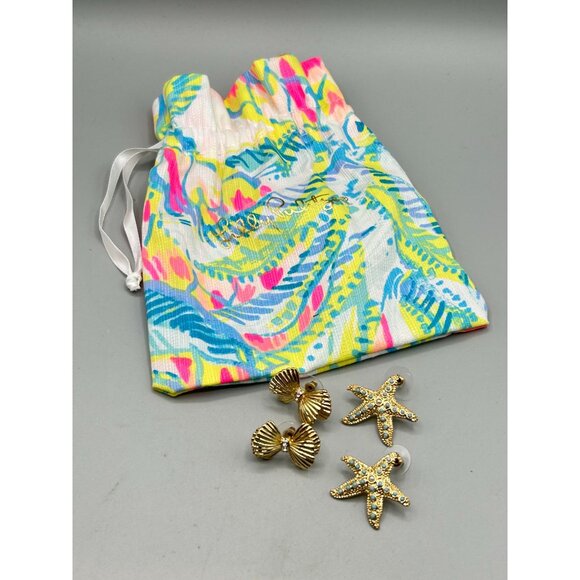 Signed Lilly Pulitzer Earrings Gold Bow & Starfish Studs Designer Signed Jewelry - Picture 5 of 9